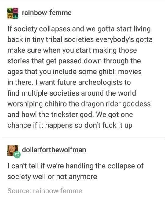 A viral Tumblr post that reimagines Studio Ghibli characters as future mythological deities, illustrating the studio's deep cultural impact.