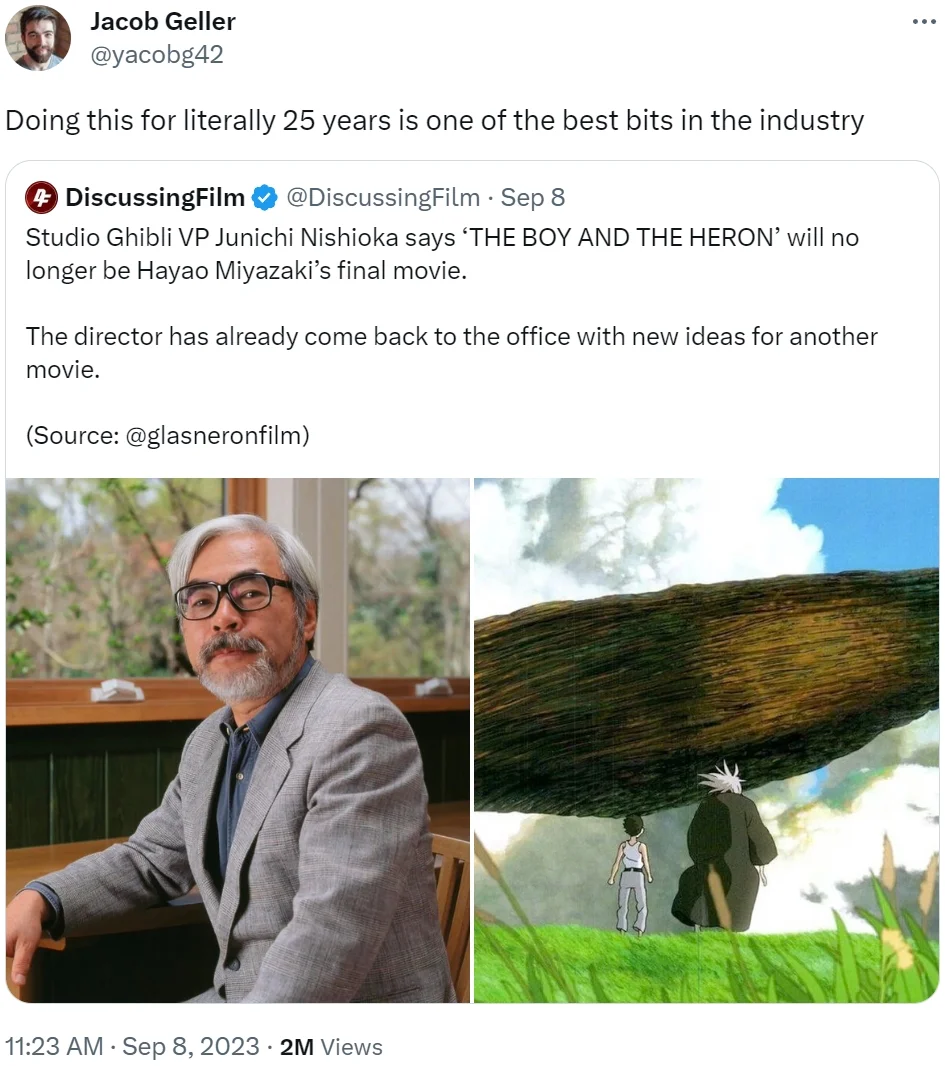 A viral 2023 tweet joking about Hayao Miyazaki's decades-long pattern of announcing retirement and then returning to make more films.