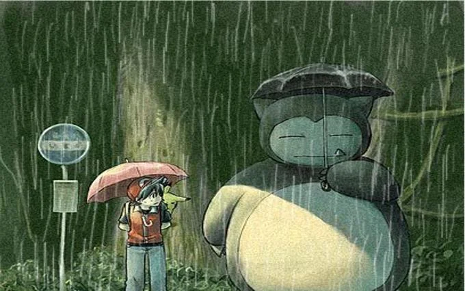 A popular fan-art mashup swapping Pokemon's Snorlax into the famous My Neighbor Totoro bus stop scene.