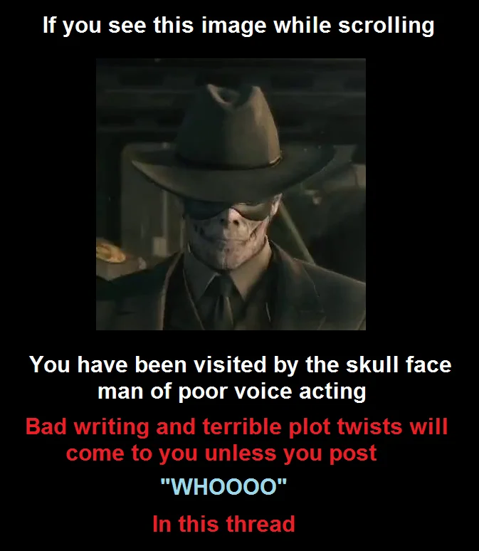 A chain-letter parody meme telling viewers to post 'WHOOOO' to avoid bad writing.