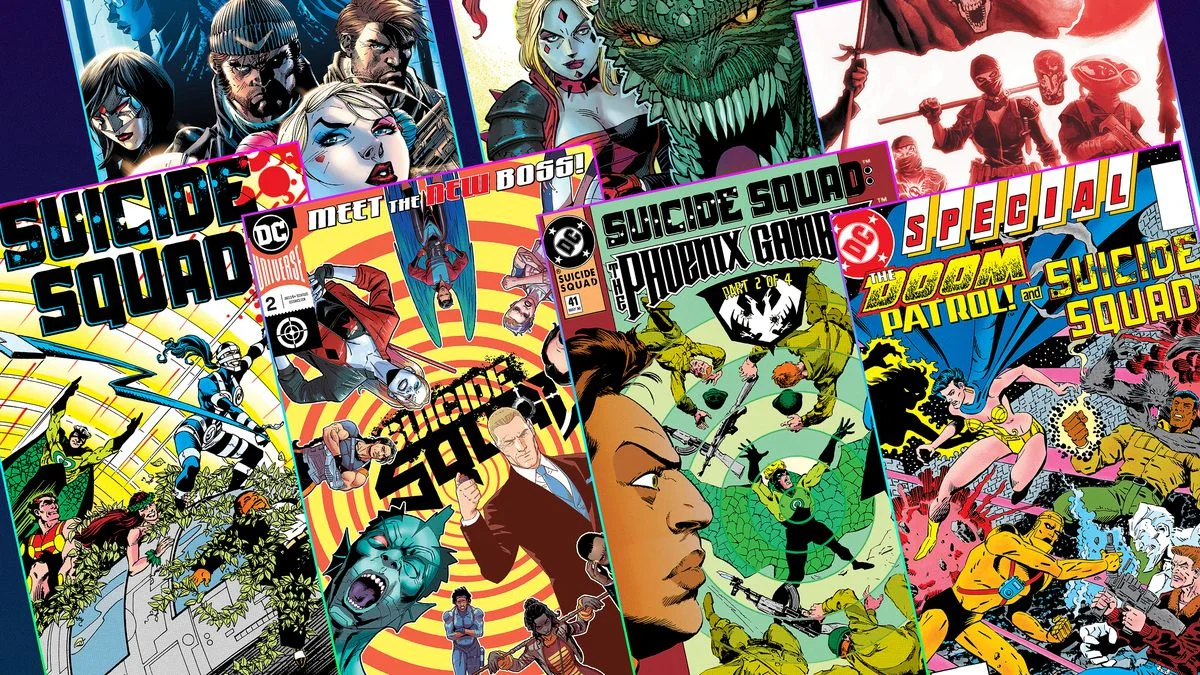 A promotional collage of iconic Suicide Squad comic book covers spanning multiple DC Comics eras and team rosters.