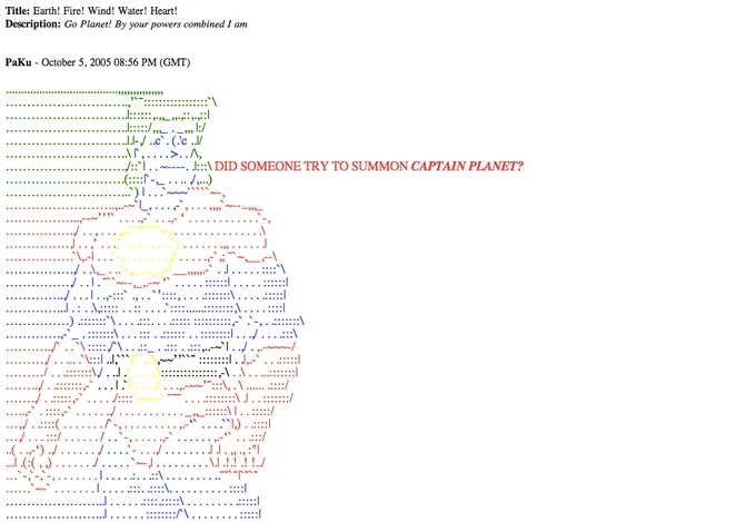 An early (2005) forum ASCII-art reference to summoning Captain Planet, documenting the meme's spread on message boards.