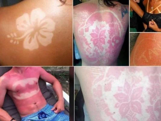 A composite image displaying multiple examples of the sunburn art trend, where stencils are used to create tan-line designs on skin.