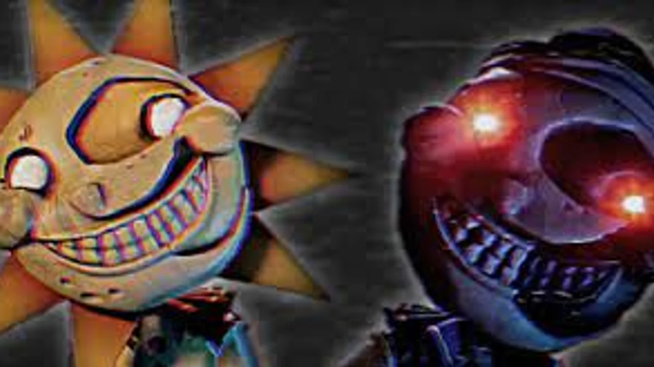 The Daycare Attendant's two personalities: Sundrop (left) and Moondrop (right) as they appear in Five Nights at Freddy's: Security Breach.