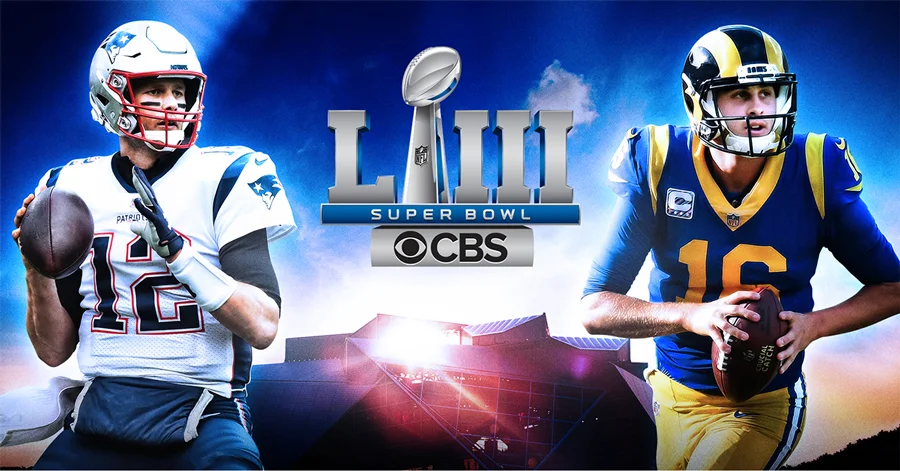 CBS promotional artwork for Super Bowl LIII, featuring the two starting quarterbacks Tom Brady of the New England Patriots and Jared Goff of the Los Angeles Rams.