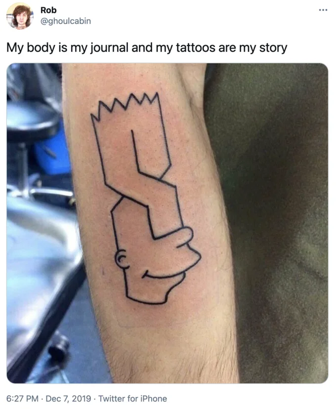 A viral tweet showcasing a Bart Simpson tattoo styled after the Super S drawing technique.