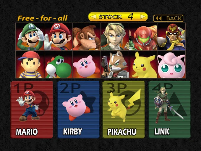 Melee character select screen interface.