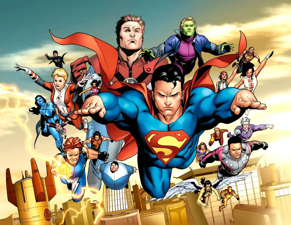 Cover art of DC Comics' Legion of Super-Heroes, a classic example of the superhero genre that dominates modern pop culture.