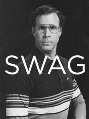 Formal portrait with casual swag label.
