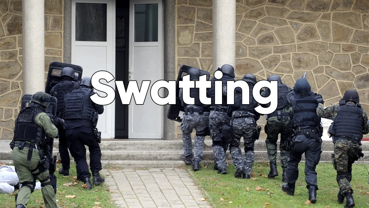 Banner image depicting a SWAT team raid, illustrating the practice of 'swatting' where hoaxers deploy armed police to a victim's home.