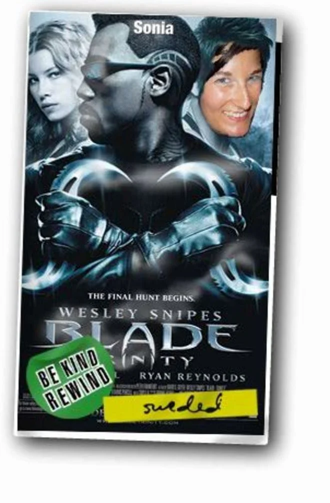 A sweded remake cover for 'Blade: Trinity', recasting the film with a personalized face swap in the Be Kind Rewind tradition.