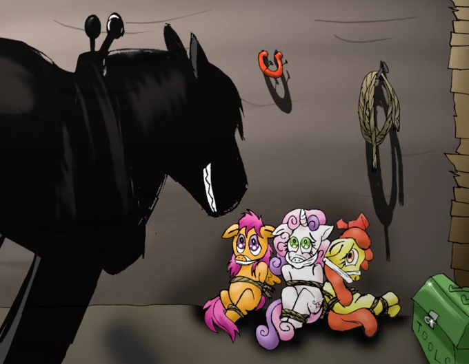 Grimdark fan art depicting the Cutie Mark Crusaders being terrorized in a scene from 'Sweet Apple Massacre.'