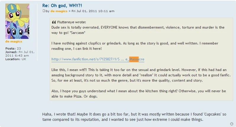 A forum discussion where users debate the merits and extremity of the 'Sweet Apple Massacre' fanfiction.