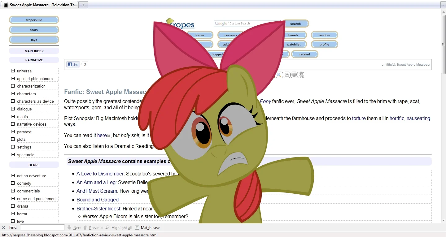 A TV Tropes page cataloging the disturbing content of 'Sweet Apple Massacre,' overlaid with a horrified Apple Bloom.