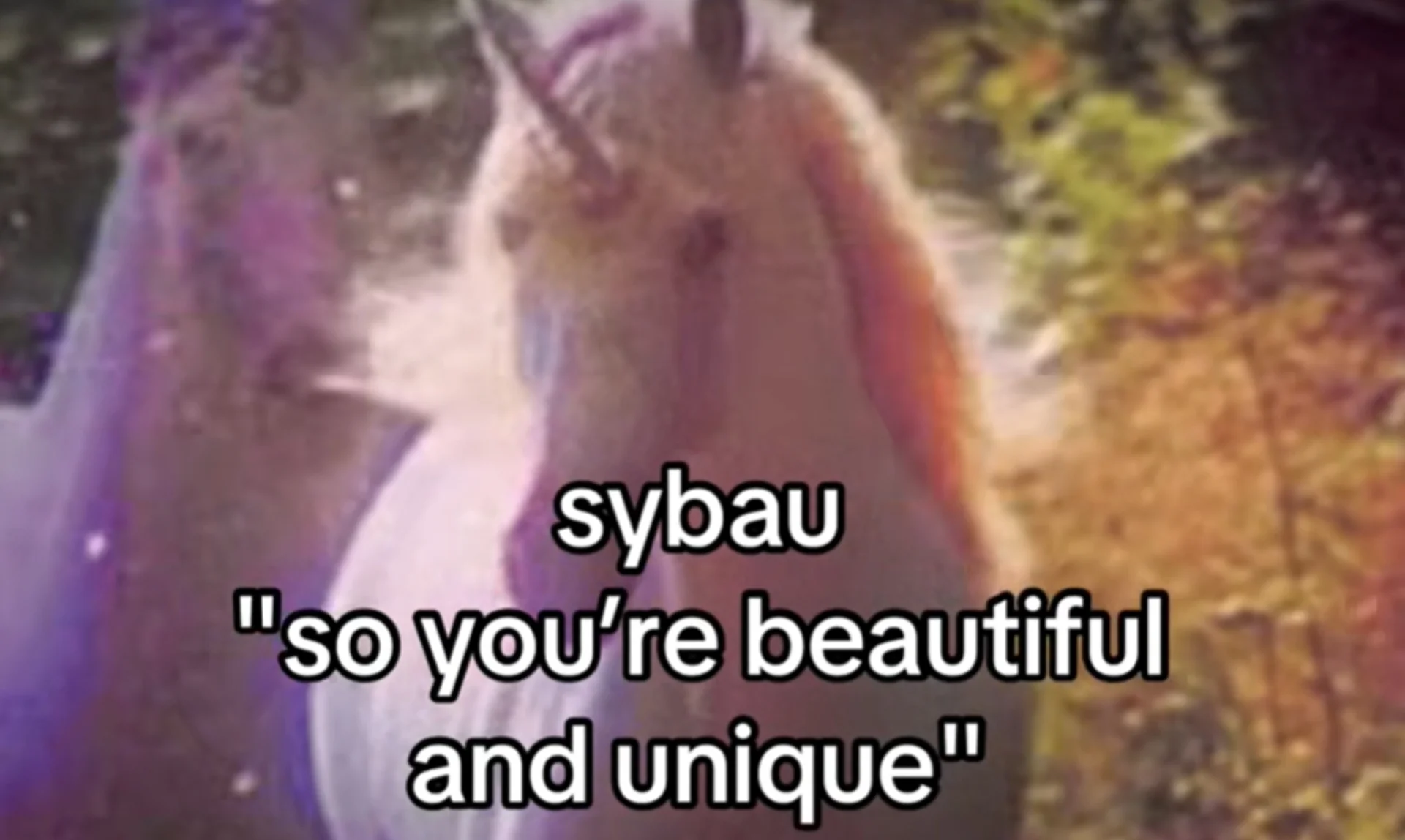 A popular ironic take on the SYBAU acronym, reinterpreting the phrase as 'so you're beautiful and unique' over a whimsical unicorn image.
