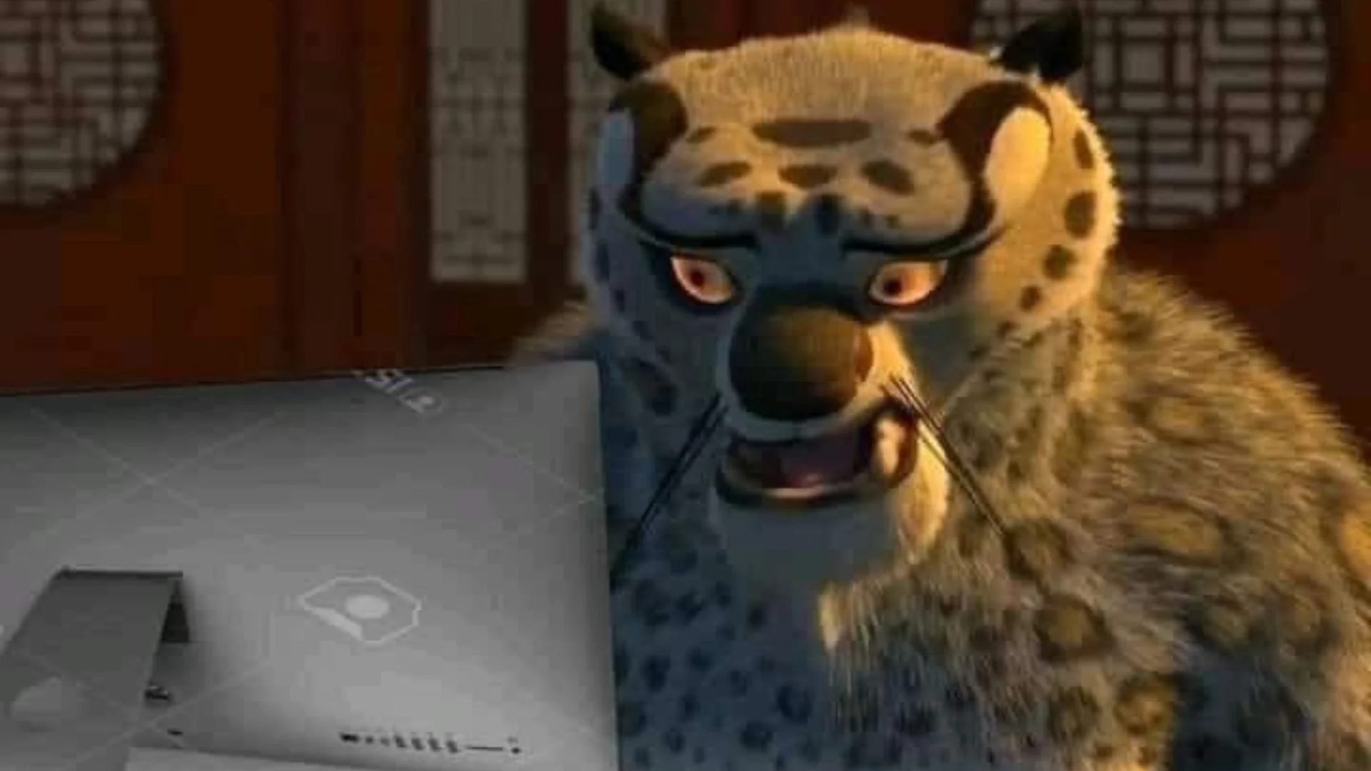 The base image of the meme: Tai Lung, the snow leopard antagonist from Kung Fu Panda, glaring at a laptop screen in disbelief.