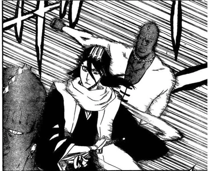 A manga panel exemplifying the 'teleports behind you' anime trope that inspired the meme's parody format.