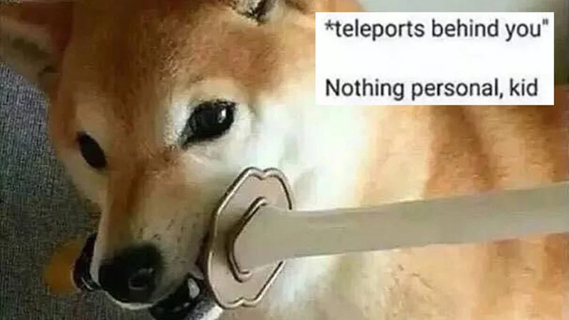 The iconic Shiba Inu 'teleports behind you' image that popularized the 'Nothing personal, kid' catchphrase across social media.