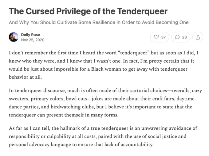 A 2020 Medium essay by Dolly Rose analyzing the 'tenderqueer' archetype and its associations with avoidance of accountability.