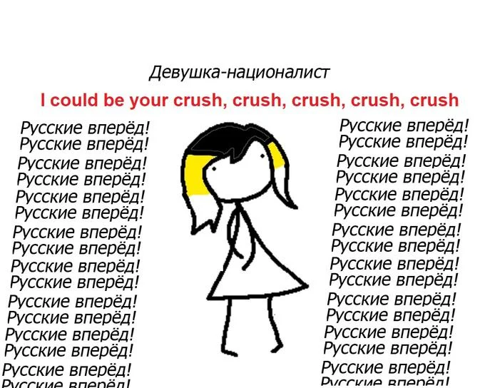 A stick-figure abstraction of the Tessa Violet meme, rebranding her as a 'Nationalist Girl' chanting Russian slogans.