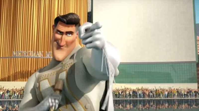 The original still from DreamWorks' Megamind (2010) featuring Metro Man delivering his famous 'And I love you, Random Citizen!' line, the source of the meme.