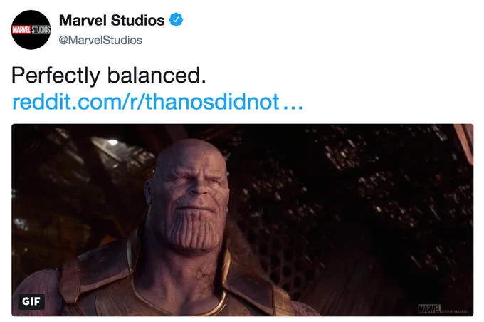 A screenshot of Marvel Studios acknowledging the r/ThanosDidNothingWrong subreddit with 'Perfectly balanced.'
