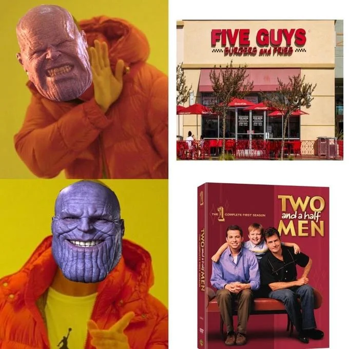 A Drakeposting meme in which Thanos prefers 'Two and a Half Men' over 'Five Guys,' playing on his obsession with halving populations.