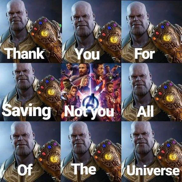 A grid meme in which Thanos sarcastically thanks the Avengers for saving 'not you' all of the universe.