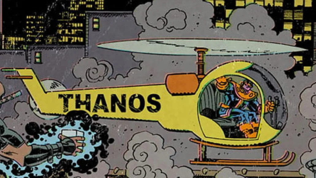 The infamous 'Thanos Helicopter' comic panel, which became a widely shared meme due to its absurd depiction of the cosmic villain in a labeled aircraft.