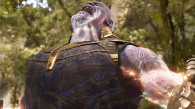 A still from Avengers: Infinity War showing Thanos during a moment of exertion on the planet Titan.