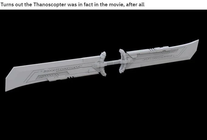 Thanos sword helicopter blade joke.
