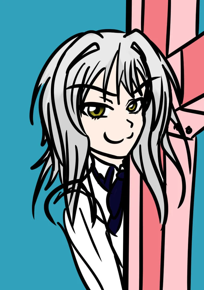 An anime-style redraw of the Tom peeking format with a smug silver-haired schoolgirl.
