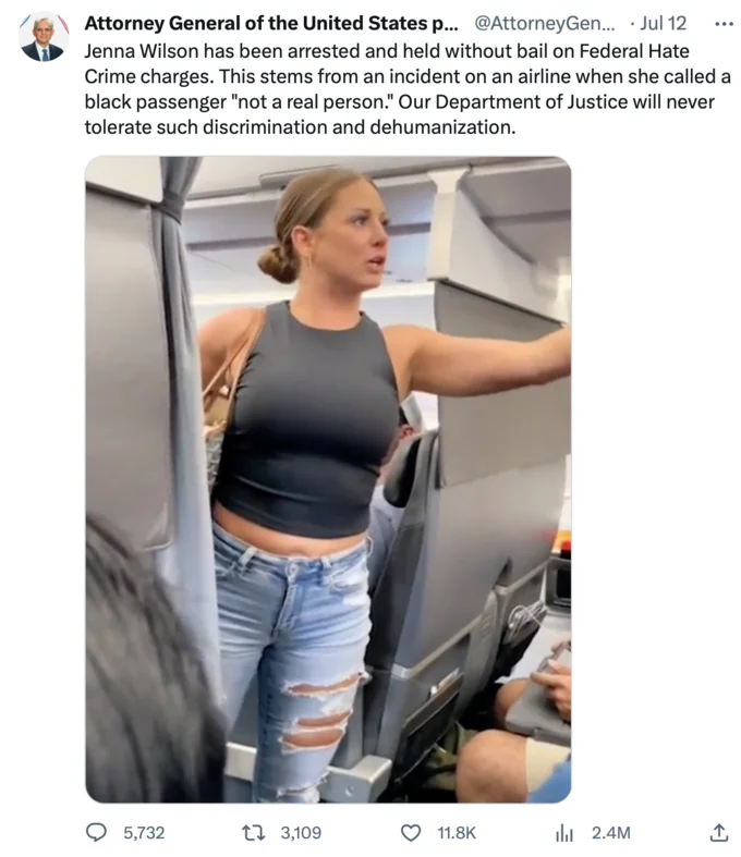 A parody tweet falsely claiming federal charges against the plane lady, one of many hoax posts that spread as the video went viral.
