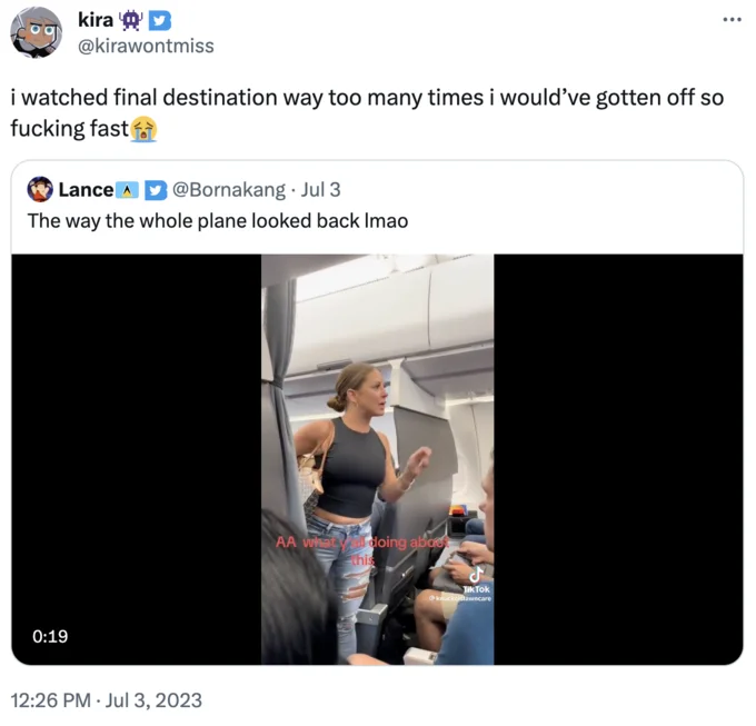 A viral reaction joking about the ominous atmosphere of the incident, referencing the Final Destination film franchise.