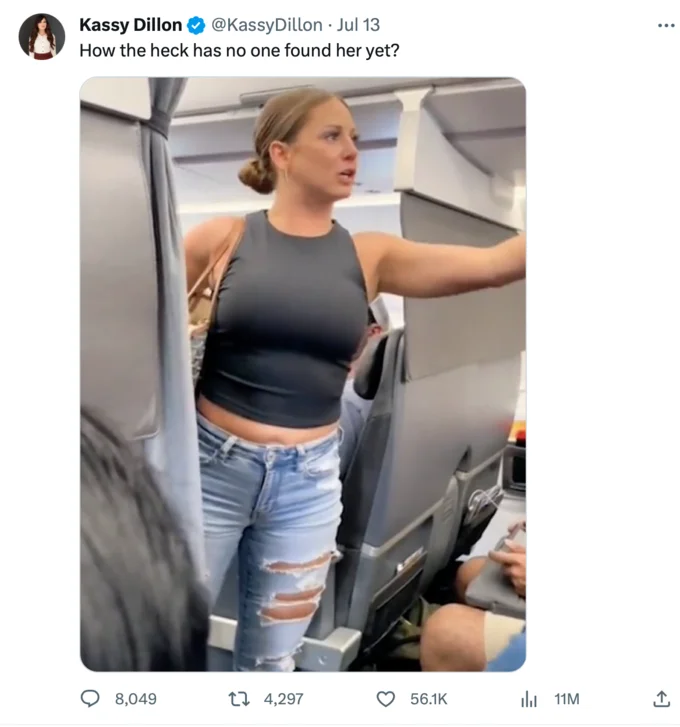 A viral tweet from Kassy Dillon amplifying the manhunt to identify the 'crazy plane lady' before she was named as Tiffany Gomas.