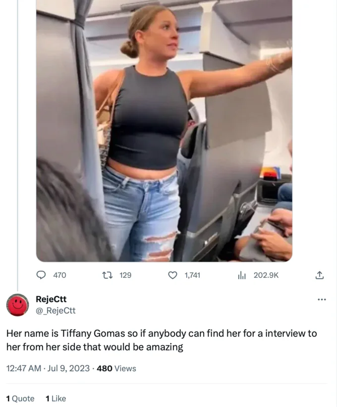 A tweet naming Tiffany Gomas as the woman in the viral American Airlines rant video and requesting an interview.