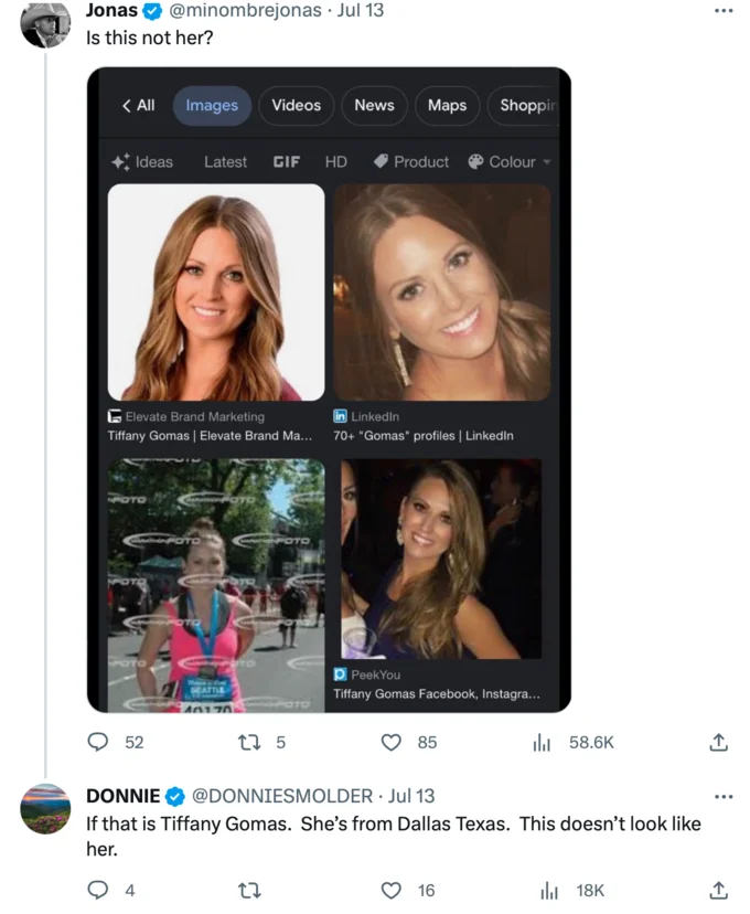 Twitter users compare Google image search results while trying to confirm the identity of the plane lady as Tiffany Gomas.