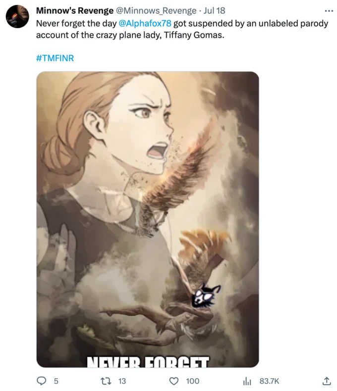 Anime fan art commemorating the plane rant incident, using the #TMFINR (That Motherfucker Is Not Real) hashtag that became the meme's shorthand.