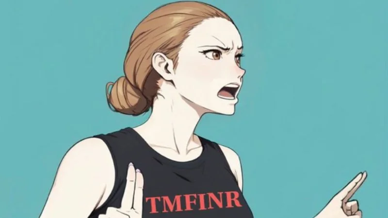 Popular anime fan art depicting Tiffany Gomas in her iconic pose with the TMFINR ('That Motherfucker Is Not Real') acronym on her shirt.
