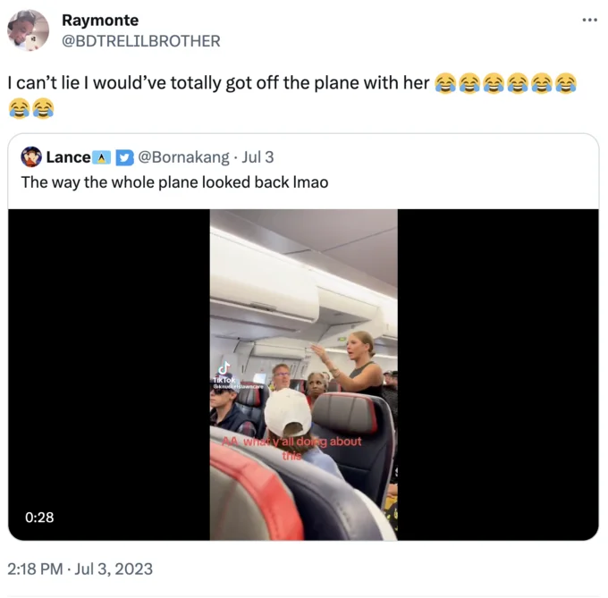A humorous reaction tweet quoting the original TikTok clip of the American Airlines outburst.