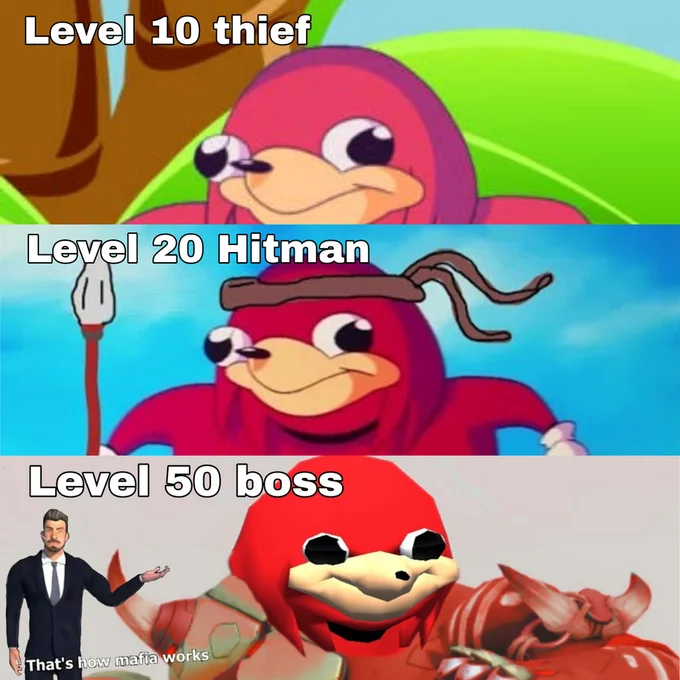 A crossover meme placing the 'That's how mafia works' character in a video-game 'levels' progression with Ugandan Knuckles.