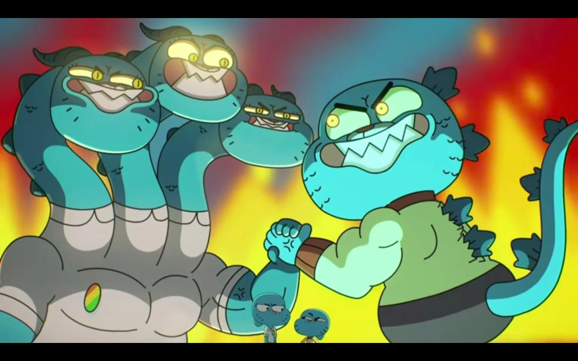 Scene showcasing the Rerun antagonists from the series finale confronting the Watterson family.