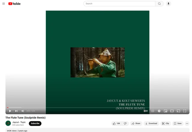 Screenshot of the 'Flute Tune' YouTube video featuring the Kekec character associated with the meme.