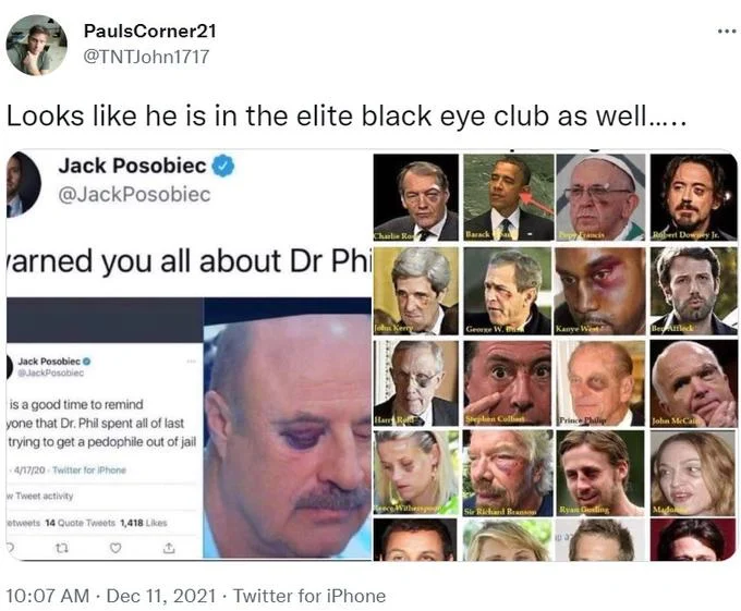 A viral 2021 tweet claiming Dr. Phil belongs to the 'elite black eye club,' referencing the wider conspiracy meme.