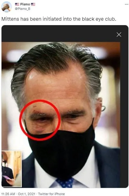 A 2021 tweet joking that Mitt Romney had been 'initiated' into the Black Eye Club after appearing with a bruise near his eye.
