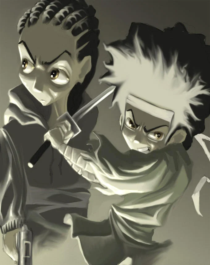 Fan art rendering of Riley and Huey Freeman in a dramatic combat stance.