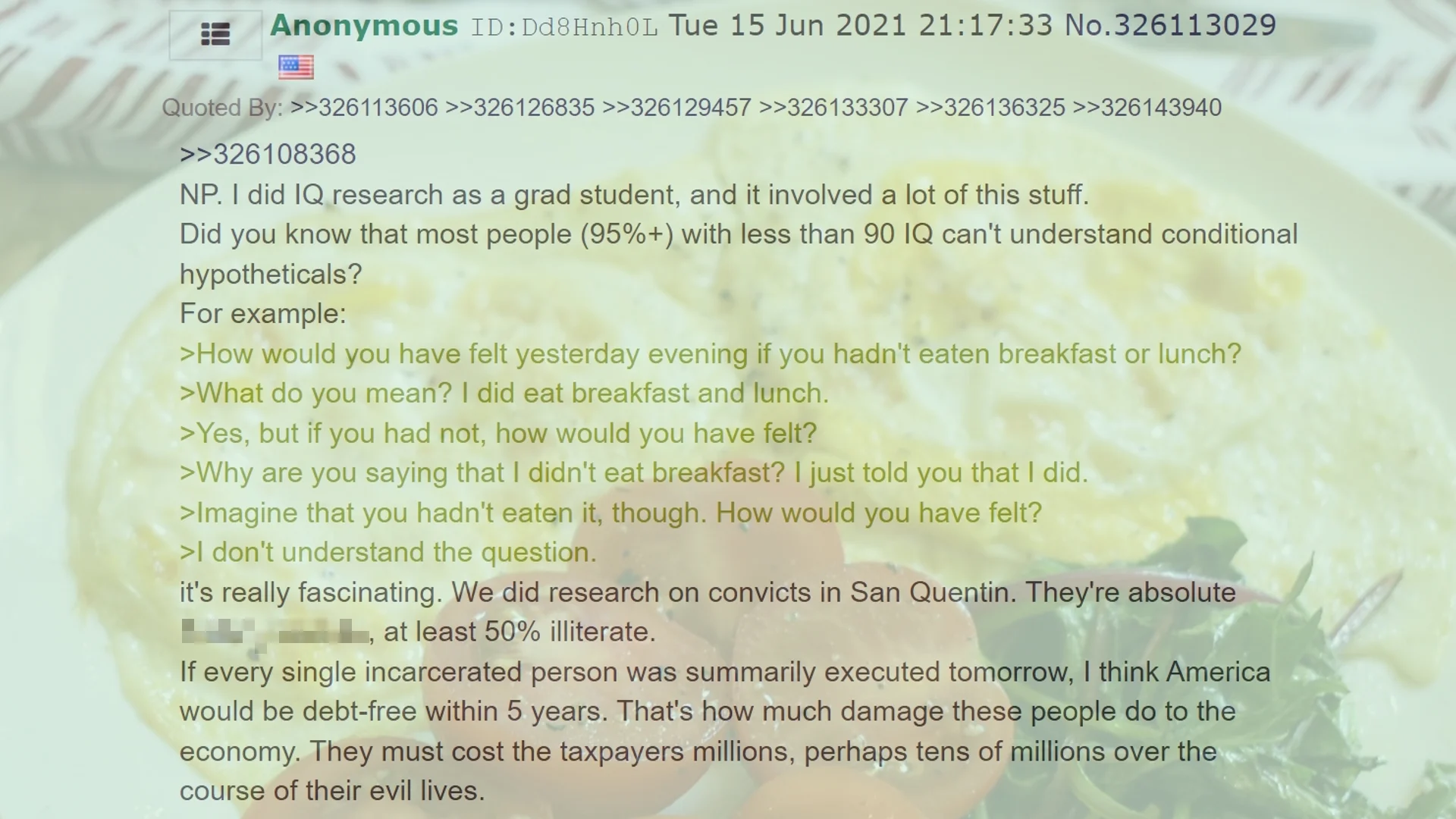 The original 4chan post from June 15, 2021 that introduced the 'breakfast question' as an example of a conditional hypothetical some people cannot process.