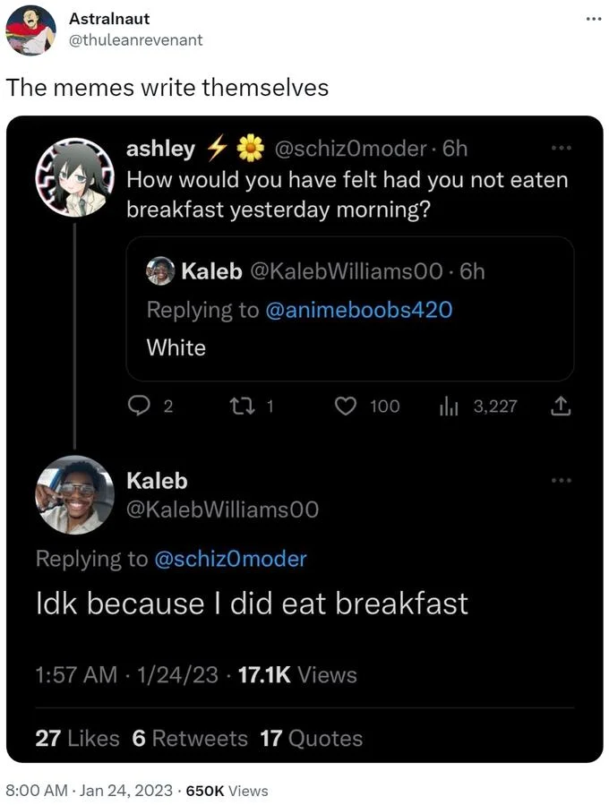 A screenshot of a real Twitter exchange where a user demonstrably cannot process the conditional breakfast question.