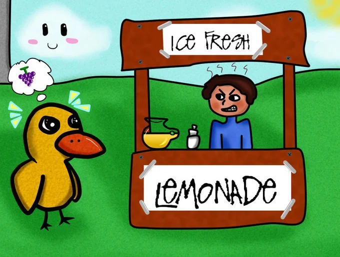 Illustrated scene from The Duck Song showing the duck approaching the increasingly frustrated lemonade stand owner.