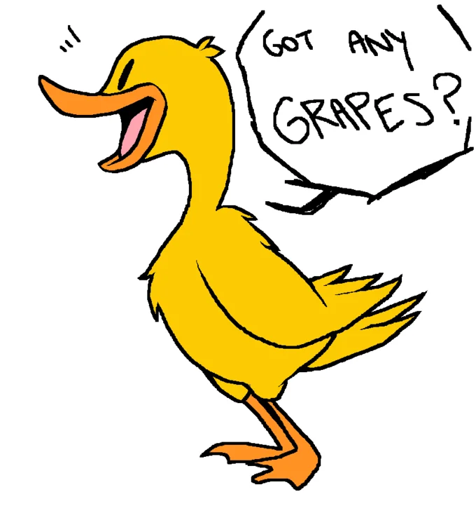 Fan art depicting the Duck Song duck cheerfully asking its signature question, 'Got any grapes?'